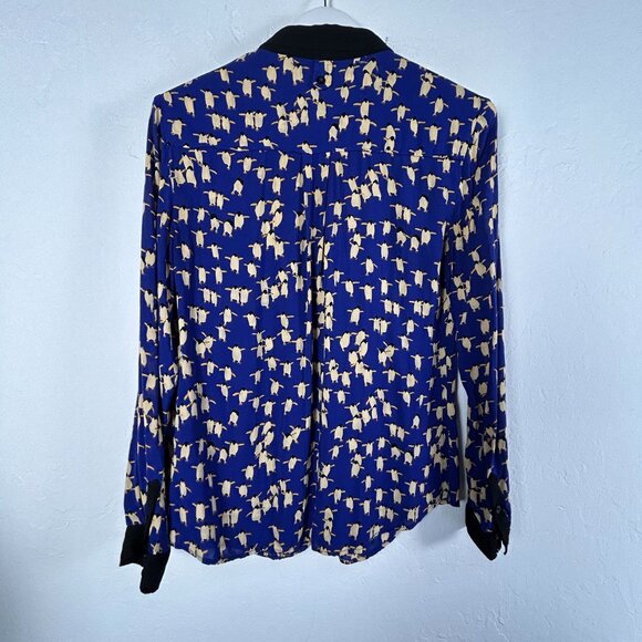 Maeve Womens Penguin Print Button-Up Long Sleeve Blouse Shirt Size 6 Blue Casual - Picture 2 of 8